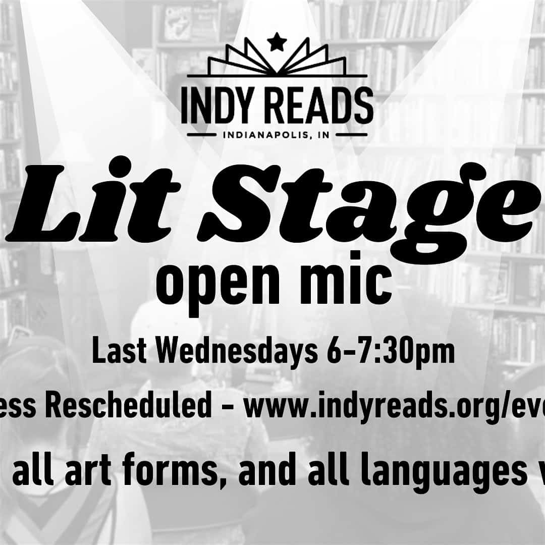 Lit stage open mic event at Indy Reads in Indianapolis, celebrating poetry, storytelling, and community engagement.