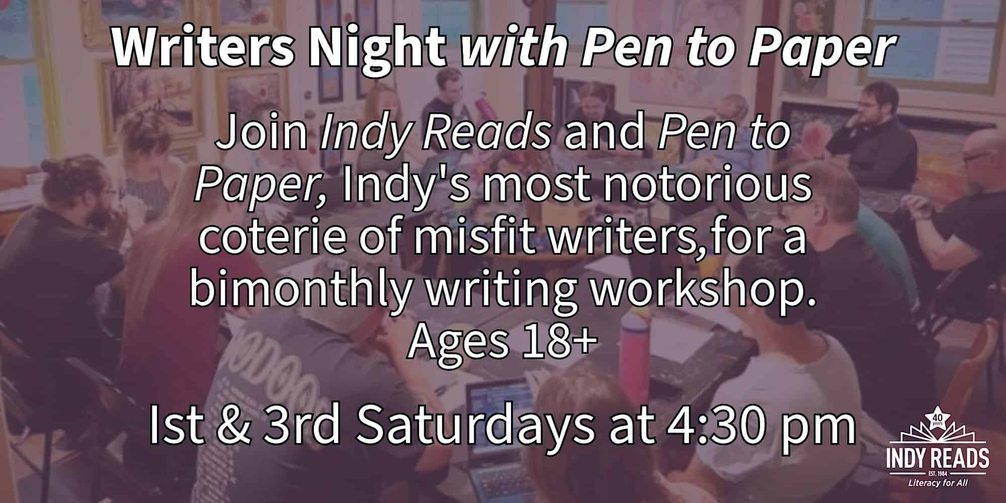 Writers Night with Pen to Paper at Indy Reads, adults writing workshop, cozy literary event at a community library.