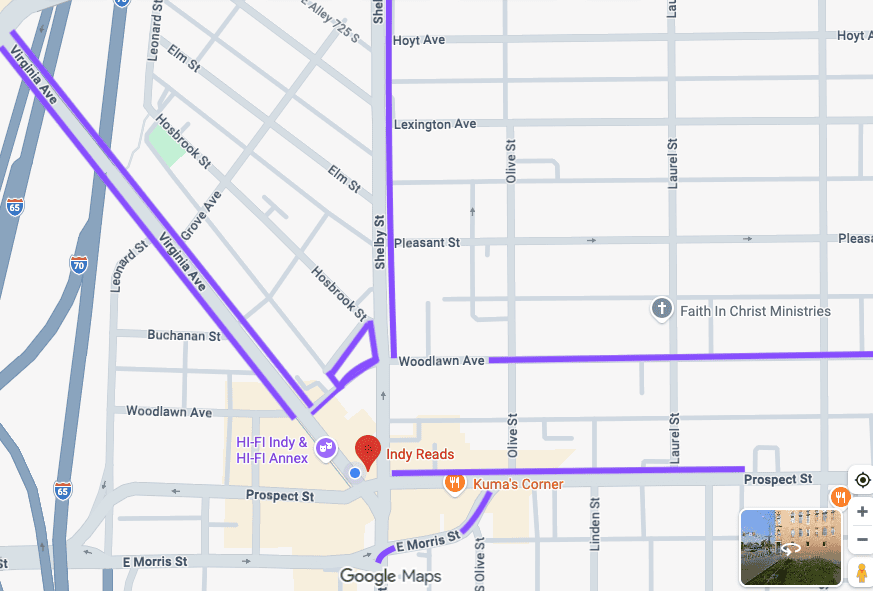 Indy Reads on a map showing available parking.